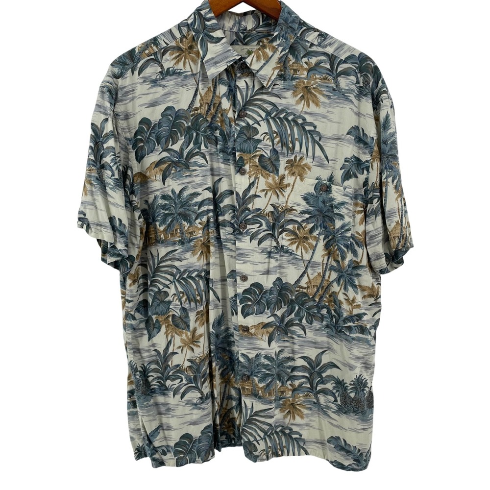 Island Shores Hawaiian Shirt‎ Mens Large Blue Tan Palm Tree Tropical Rayon Aloha